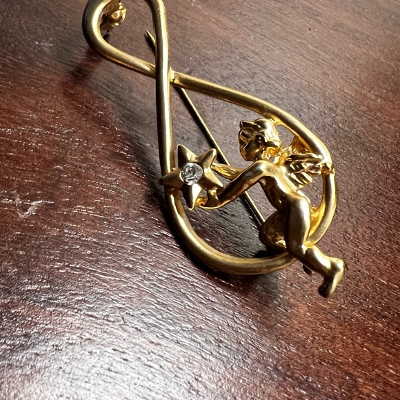 Music Clef Note with Cherub Star Gold Vintage Pin Brooch - Picture 3 of 8